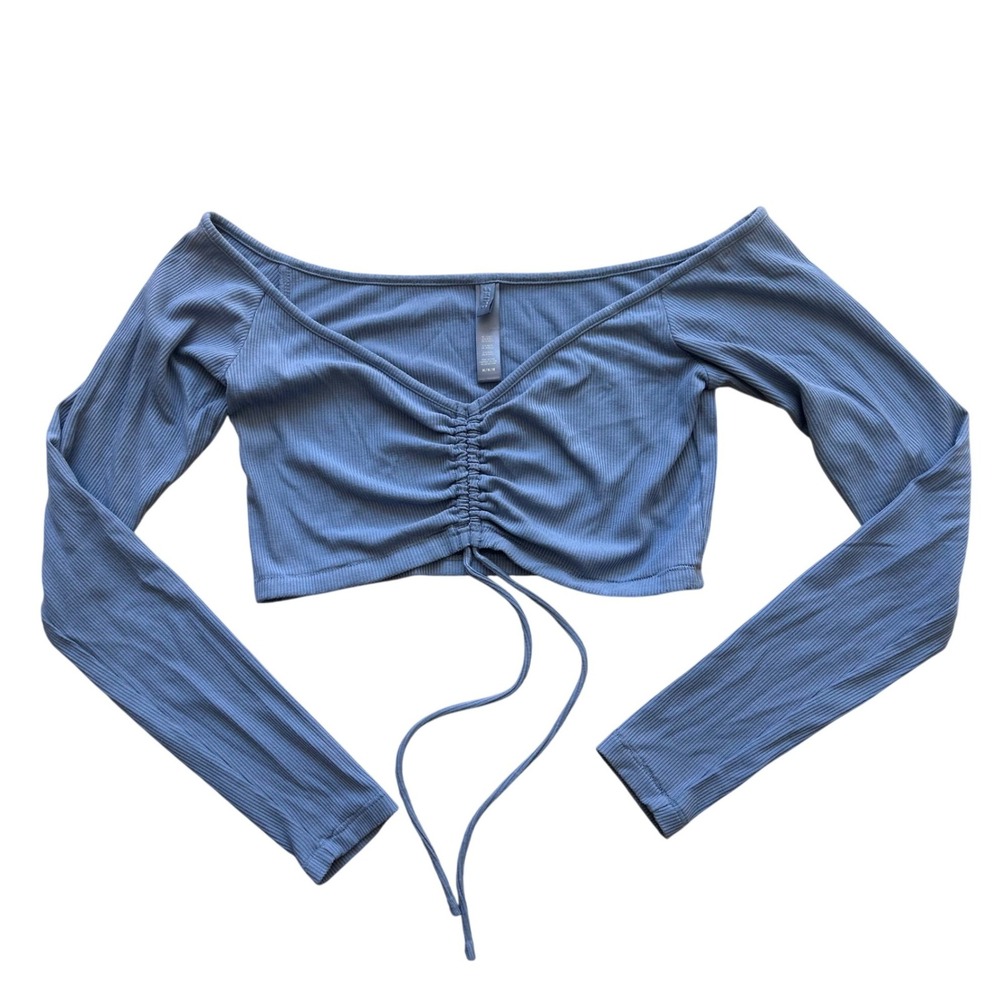 SKIMS Ruched Long Sleeve Crop Top Soft Lounge M Slate Blue Ribbed Off Shoulder